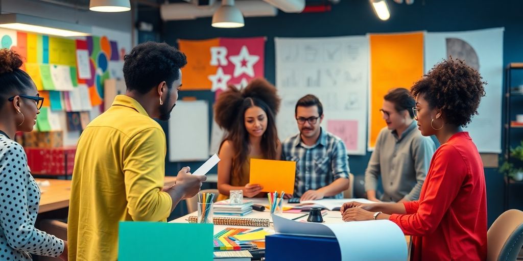 Diverse creators collaborating in a vibrant, creative workspace.