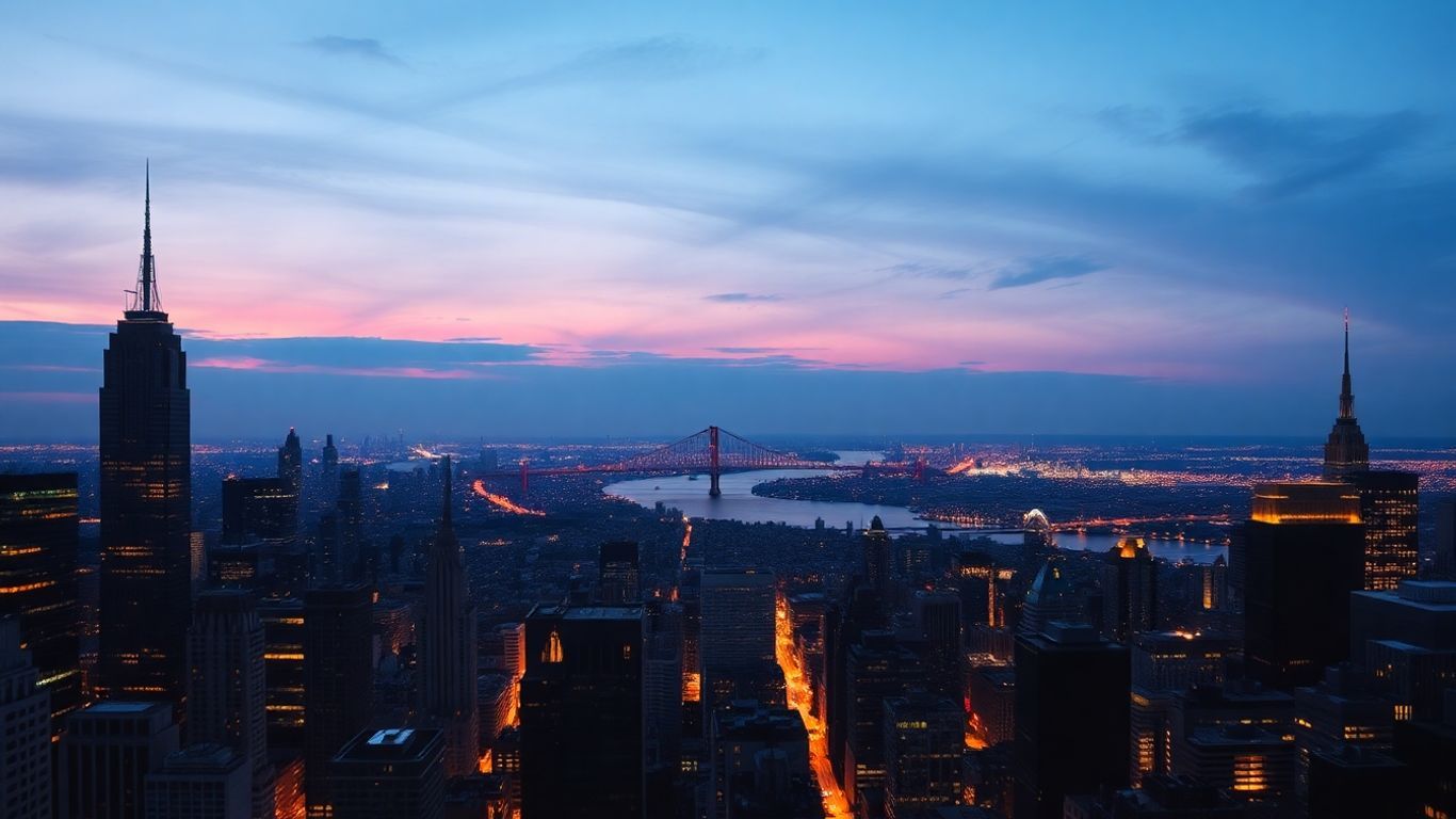 Panoramic view of a major American city skyline at dusk.