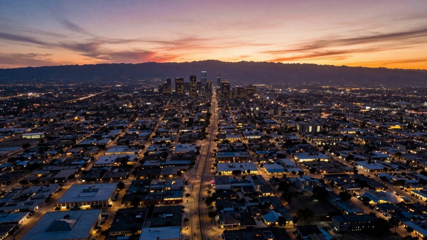 Aerial view of California cityscape at sunset with mountains.