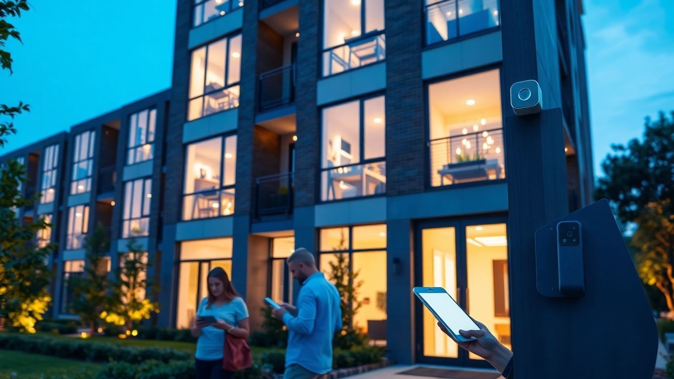 Smart apartment building with visible modern tech features