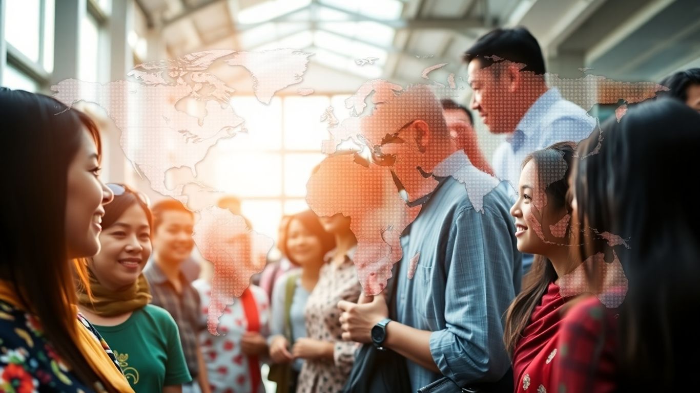 Diverse Malaysians interacting, global connection visual cues.