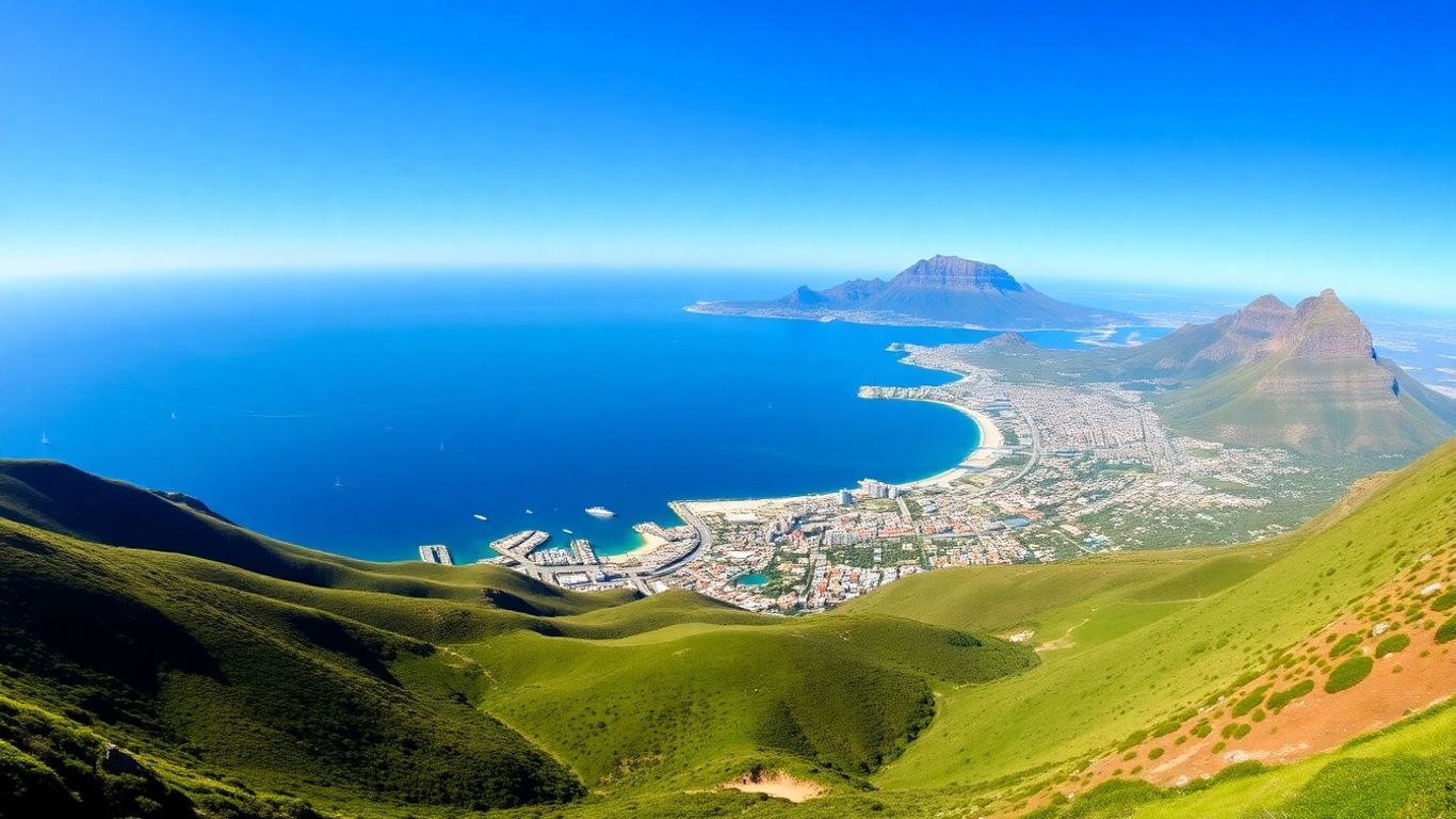 Cape Town cityscape with Table Mountain and ocean.