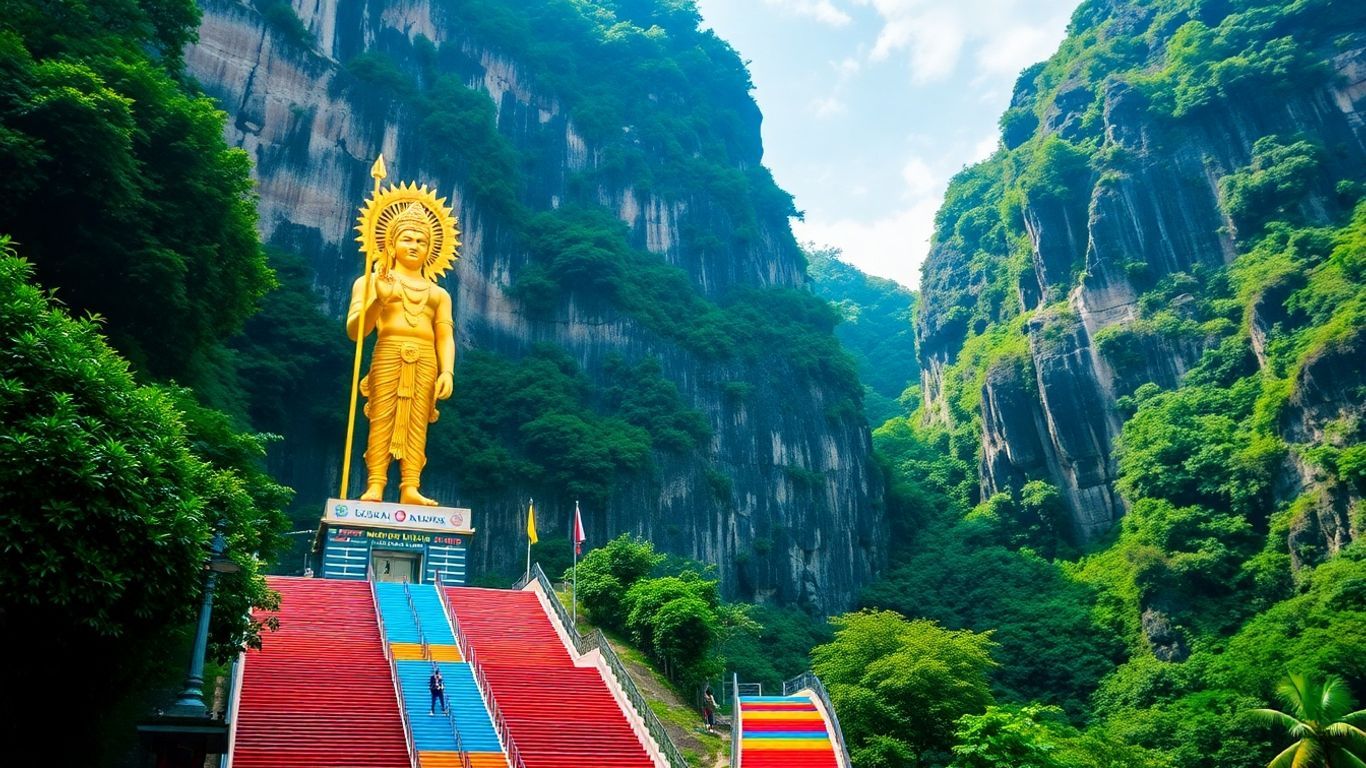 Batu Caves Malaysia with golden statue and colorful stairs