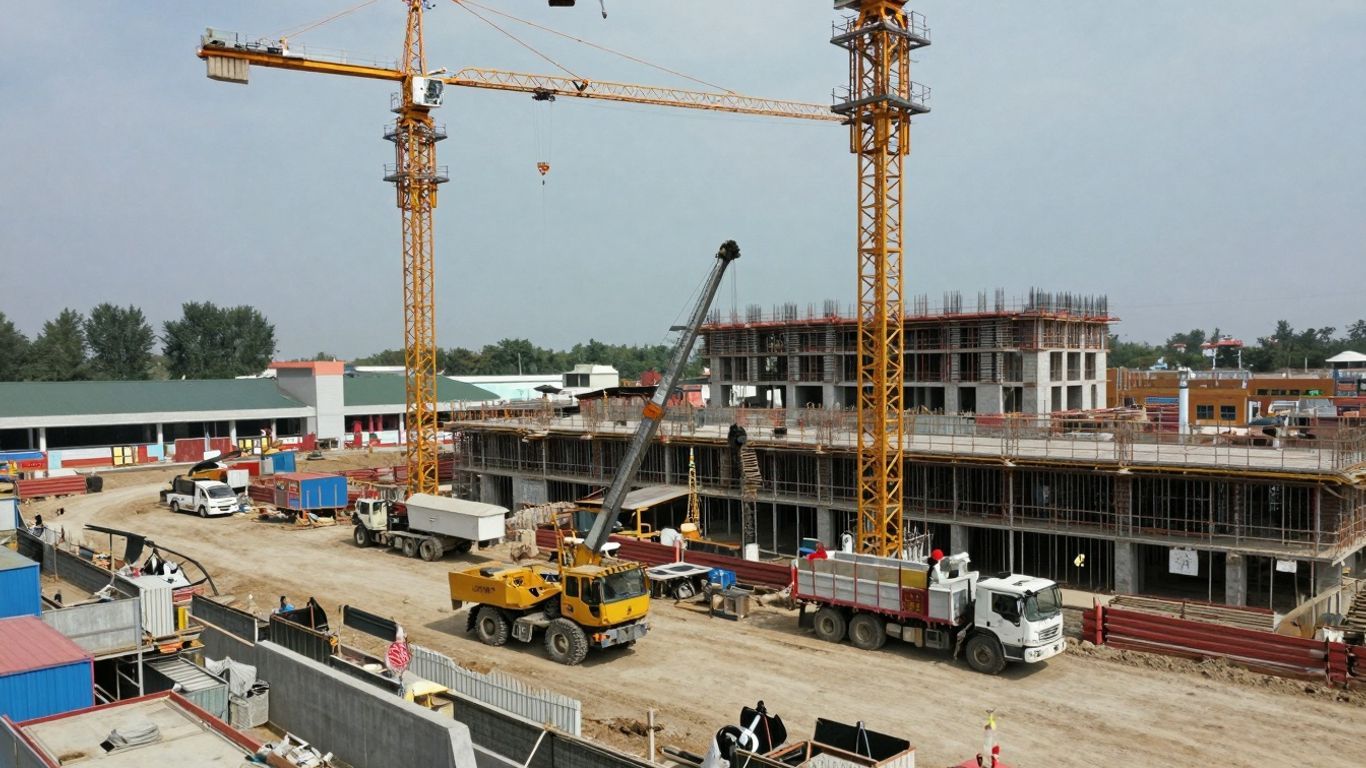 MMC construction site with heavy machinery and cranes.