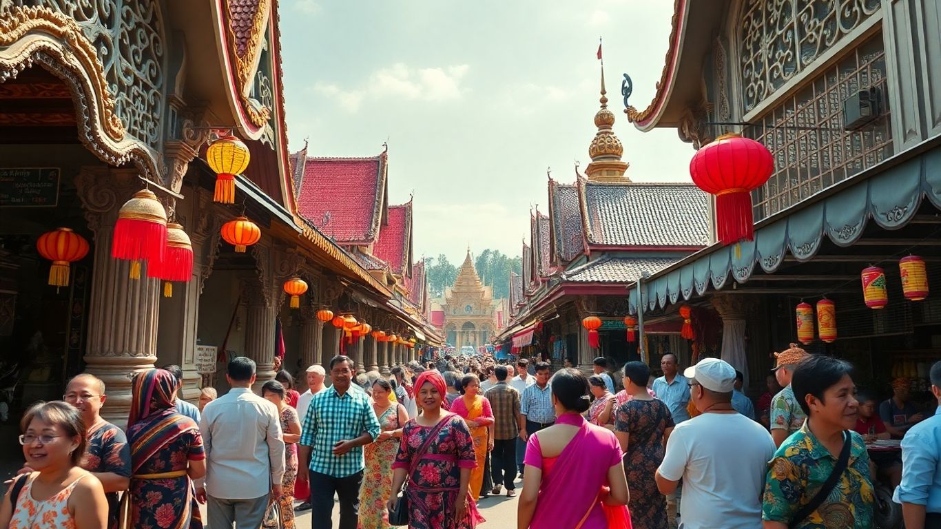 Malaysian cultural diversity with traditional attire and architecture.