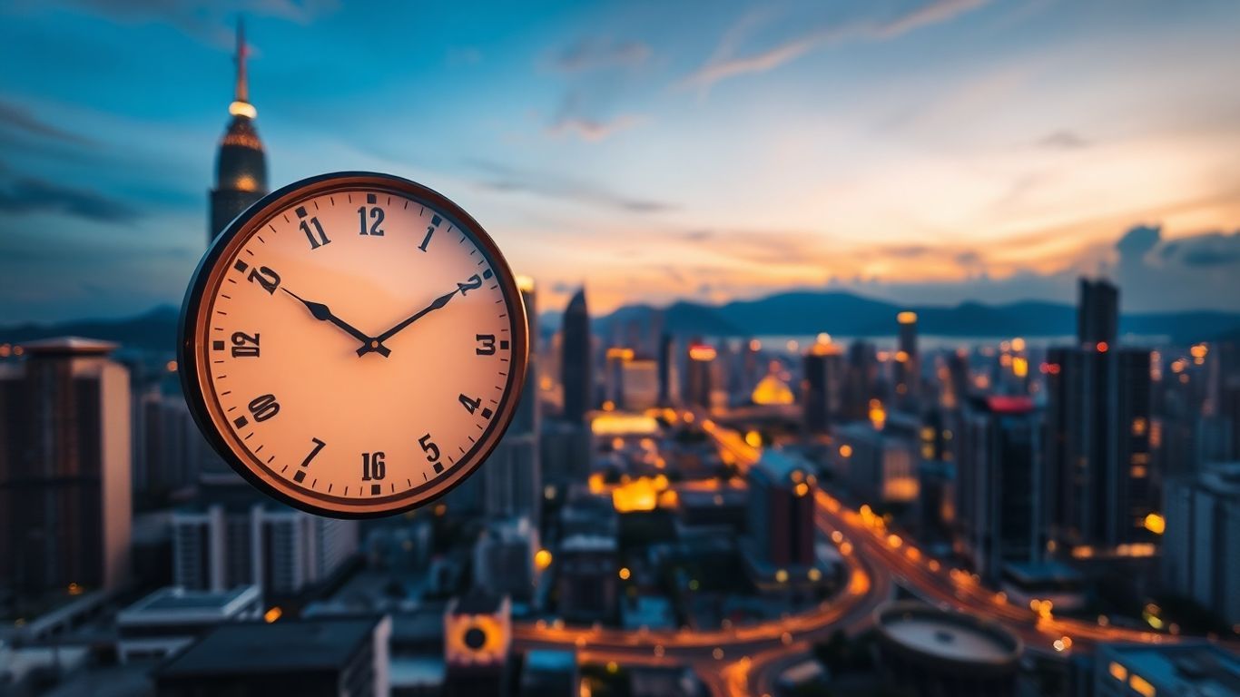 Malaysian cityscape with a clock at dusk.