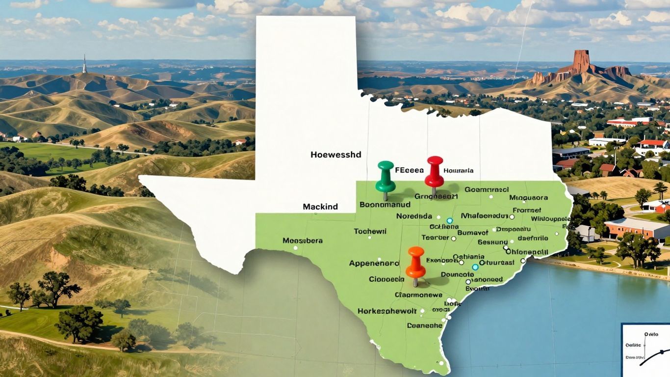 Map of Texas highlighting major cities and landscapes.