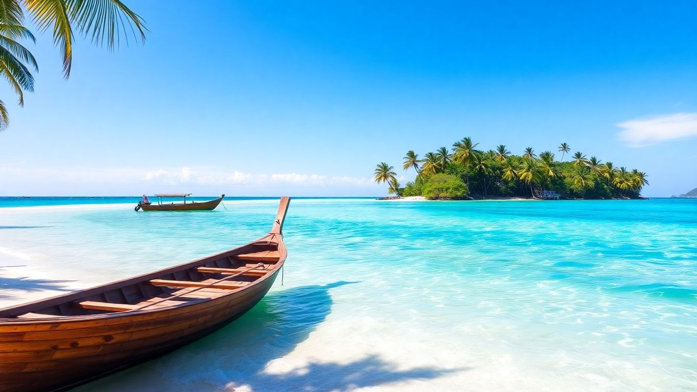 Perhentian Islands beach with clear water and palm trees.