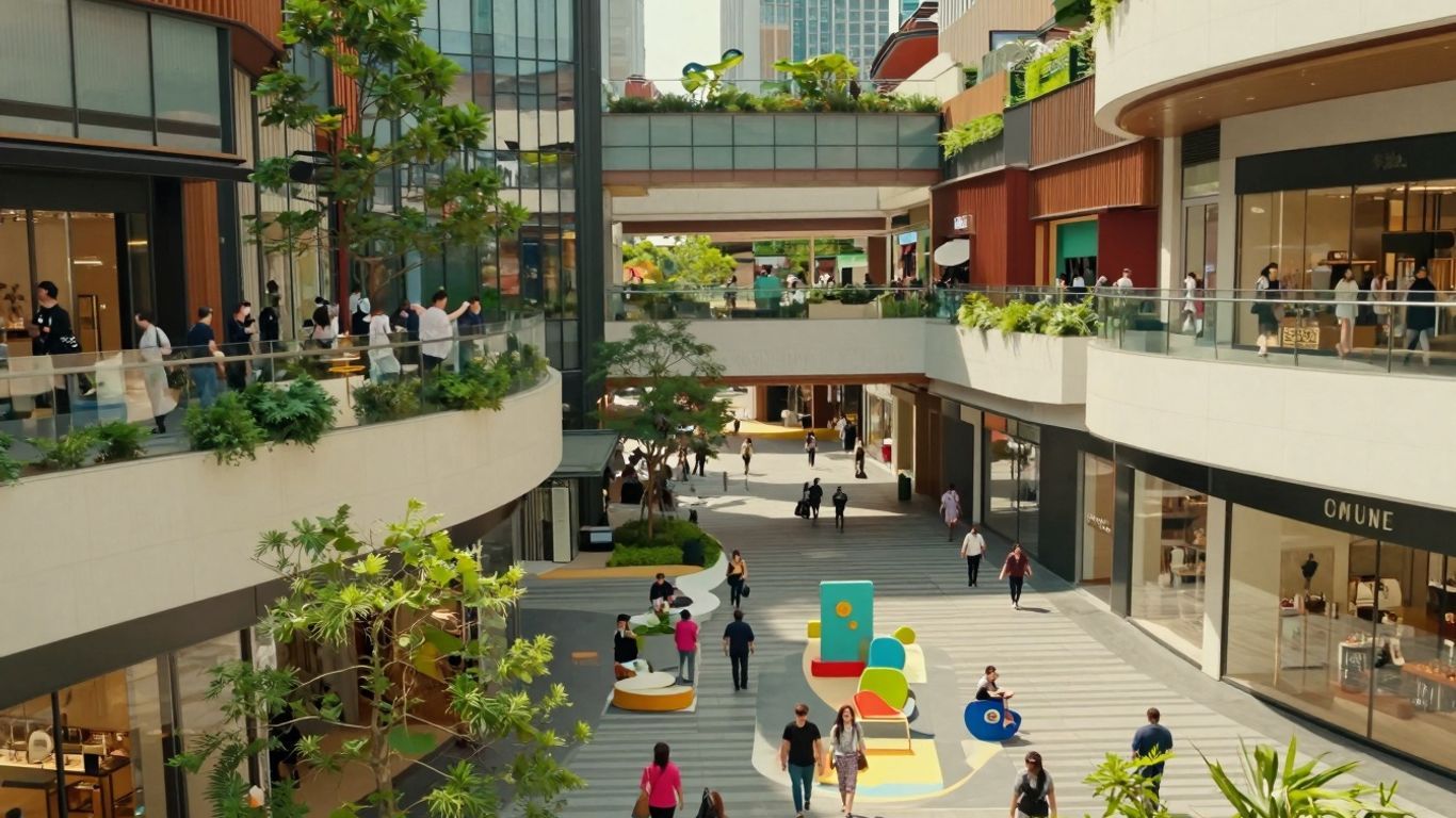 Publika shopping mall exterior with shoppers and greenery.