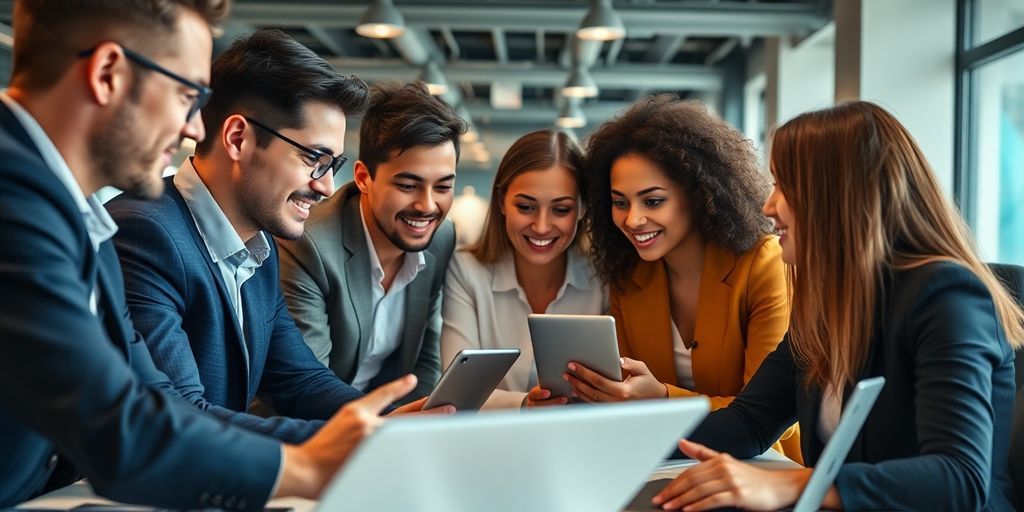 Diverse professionals collaborating with technology in a modern office.