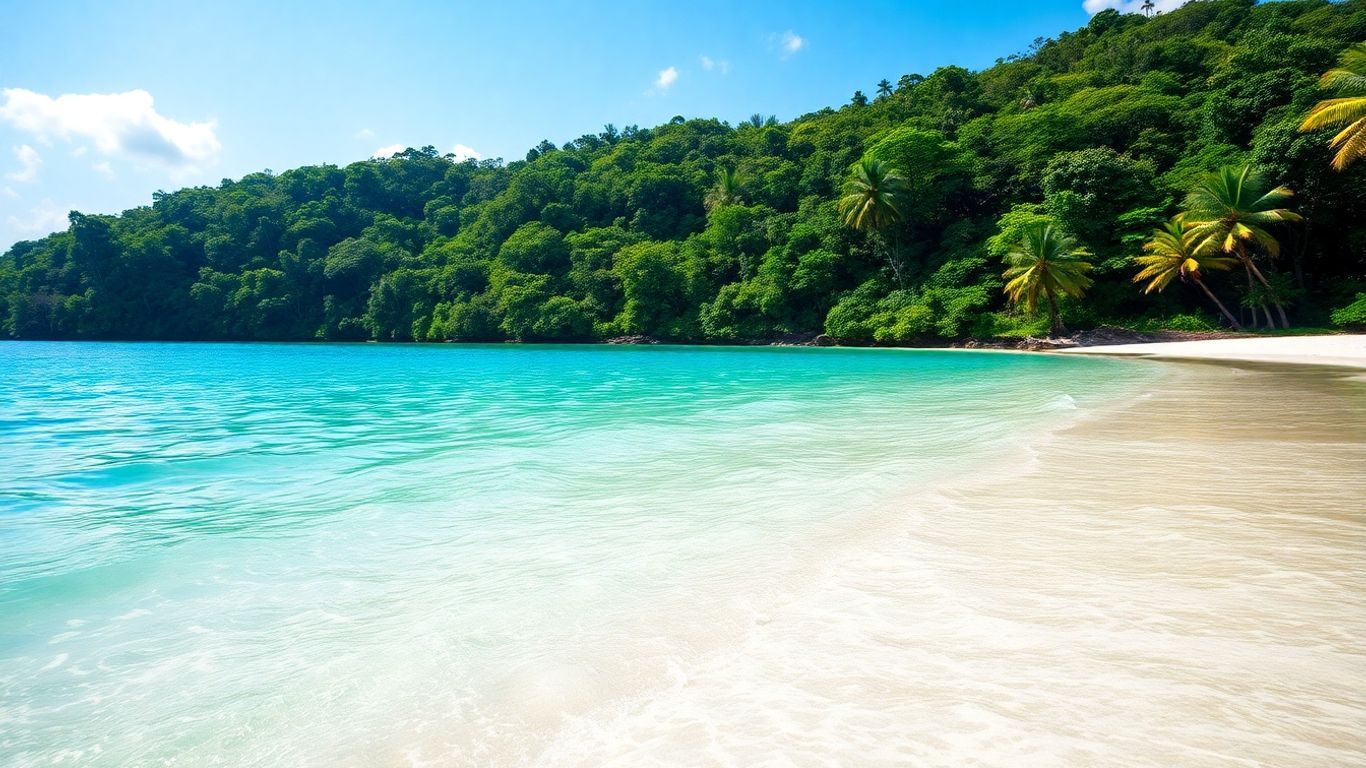 Pristine beach and lush rainforest in Pahang, Malaysia.