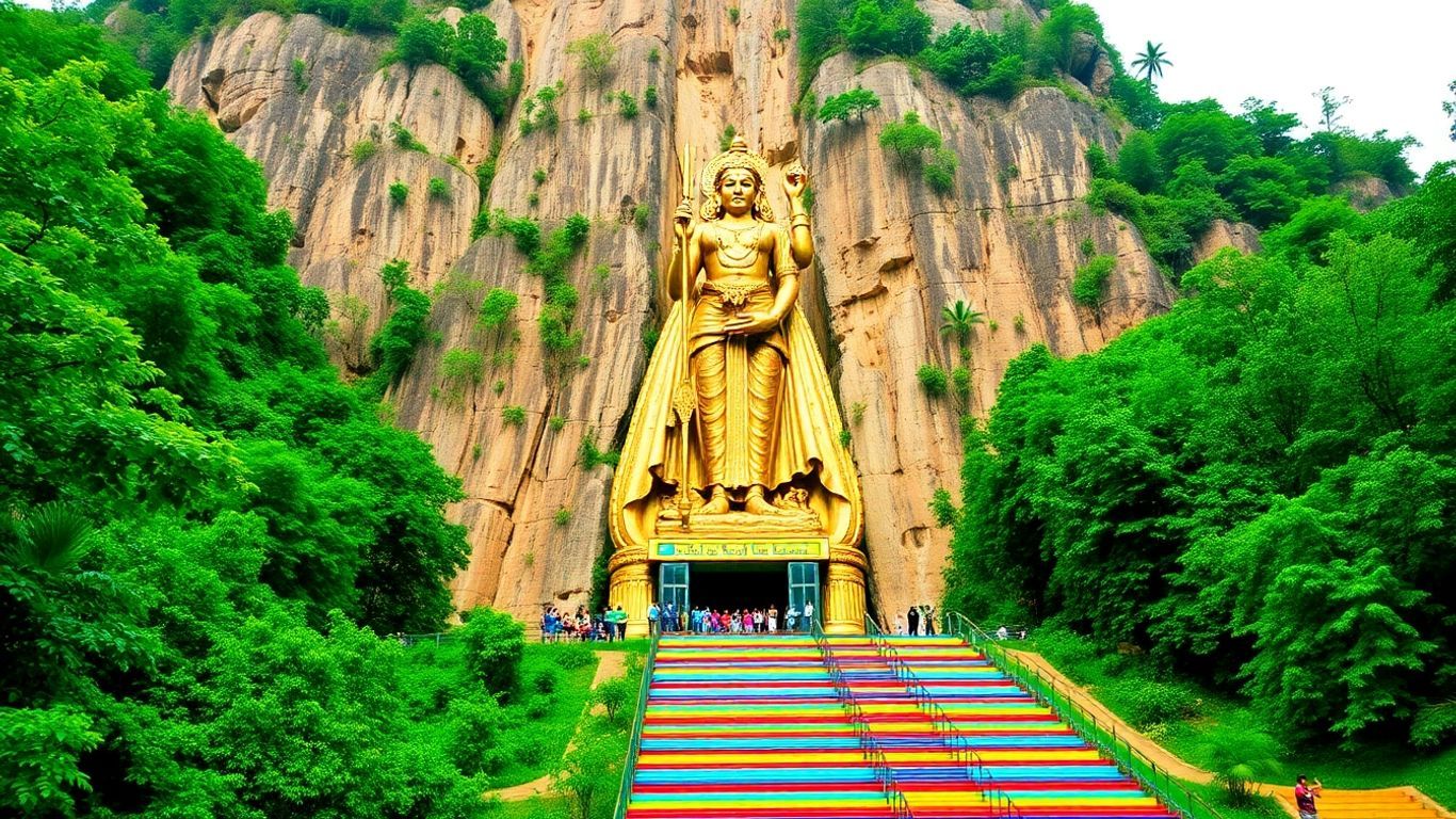 Batu Caves entrance with golden statue and colorful stairs.