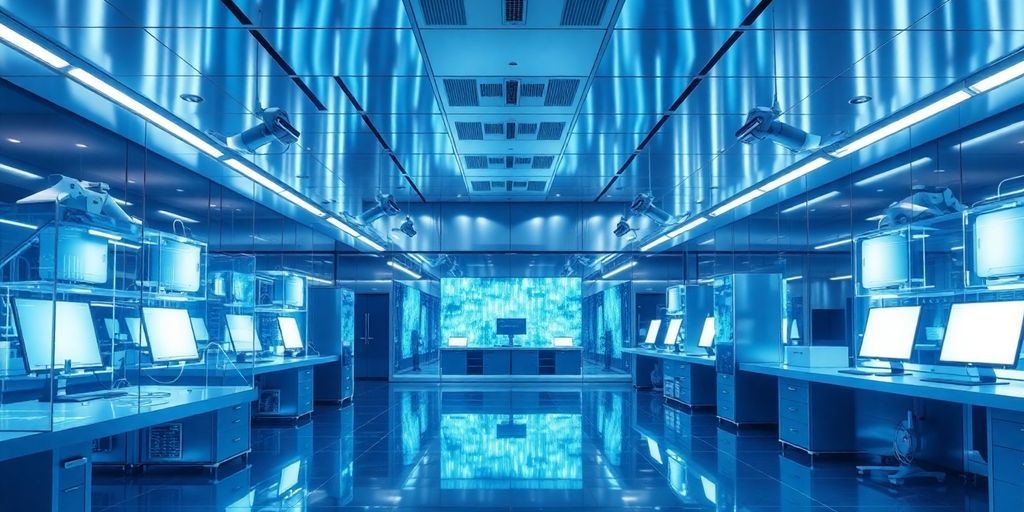 A futuristic laboratory, glowing blue lights, intricate machinery.