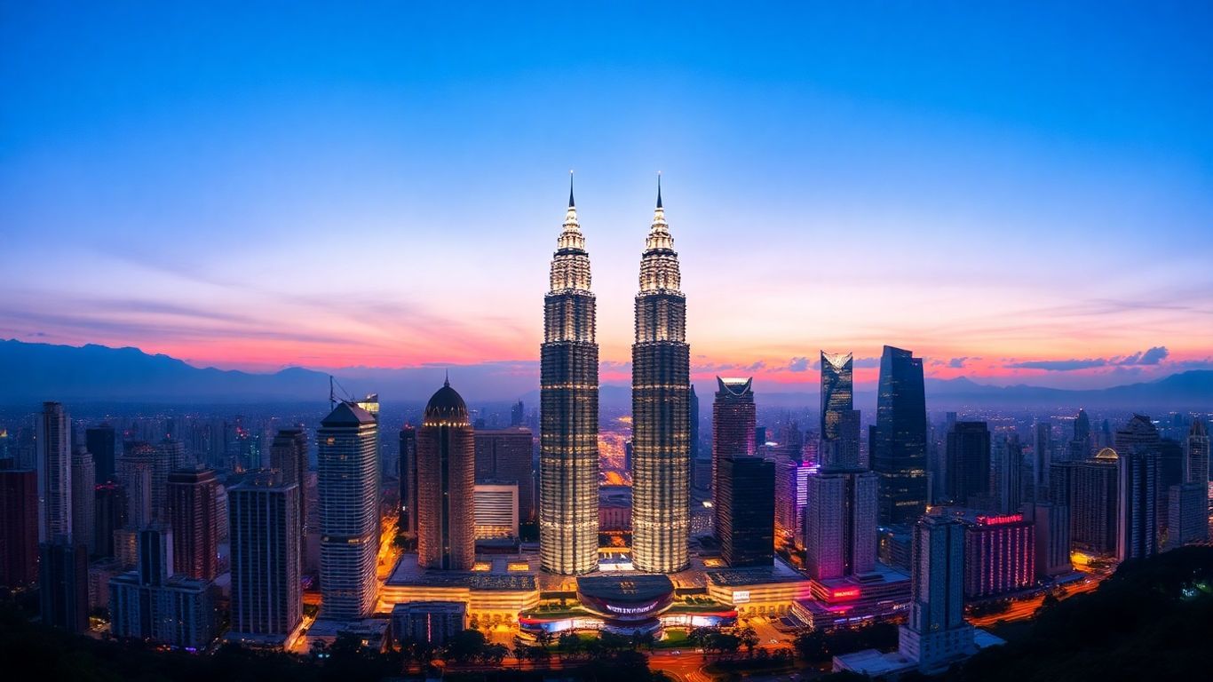 Kuala Lumpur skyline with Petronas Towers at dusk.