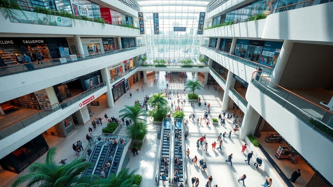 Kuala Lumpur shopping mall interior with atrium and shoppers