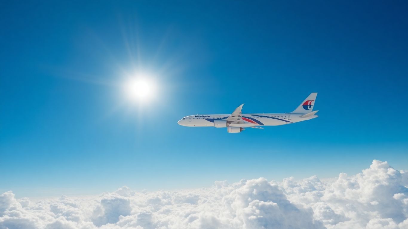 Malaysia Airlines airplane flying in a blue sky.