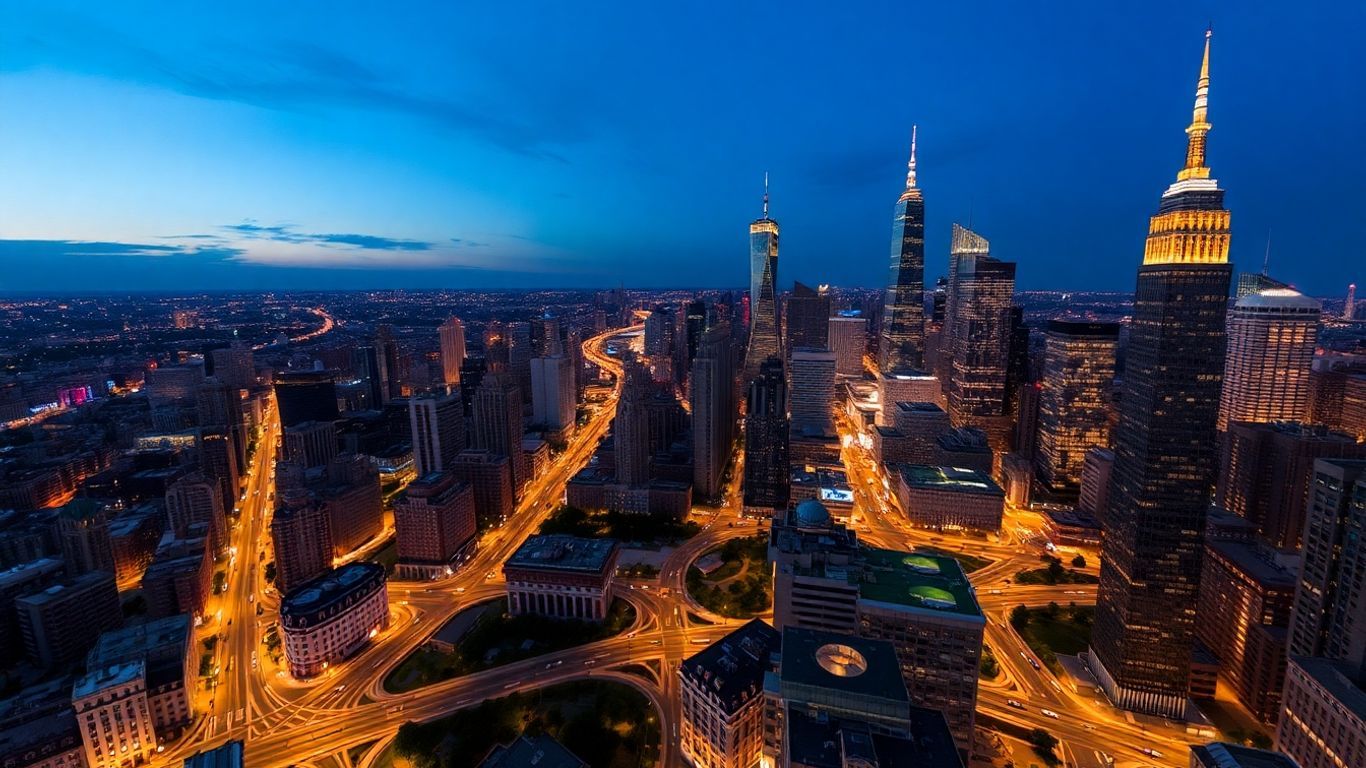 Cityscape at dusk with illuminated skyscrapers and roads.