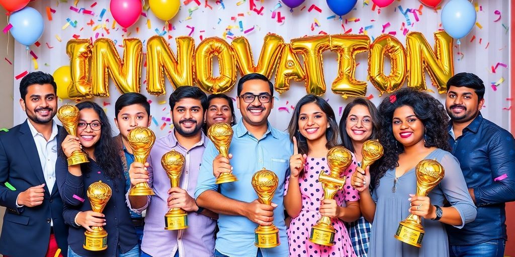 Diverse winners proudly displaying their innovation awards.