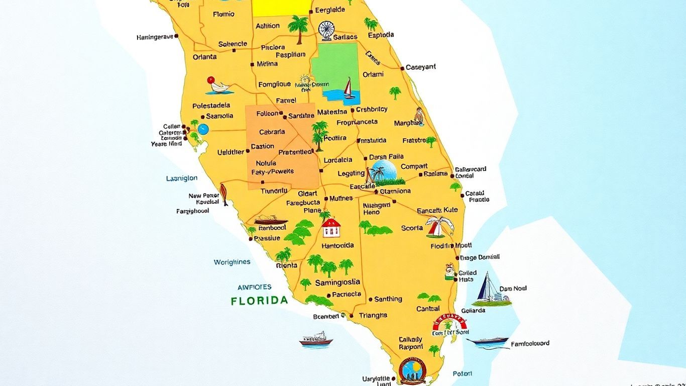 Map of Florida with cities and landmarks.