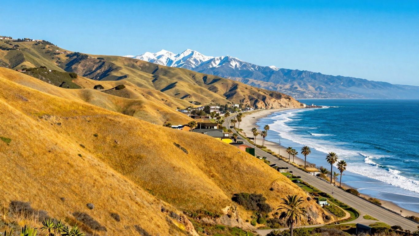 California map with cities and scenic landscapes.