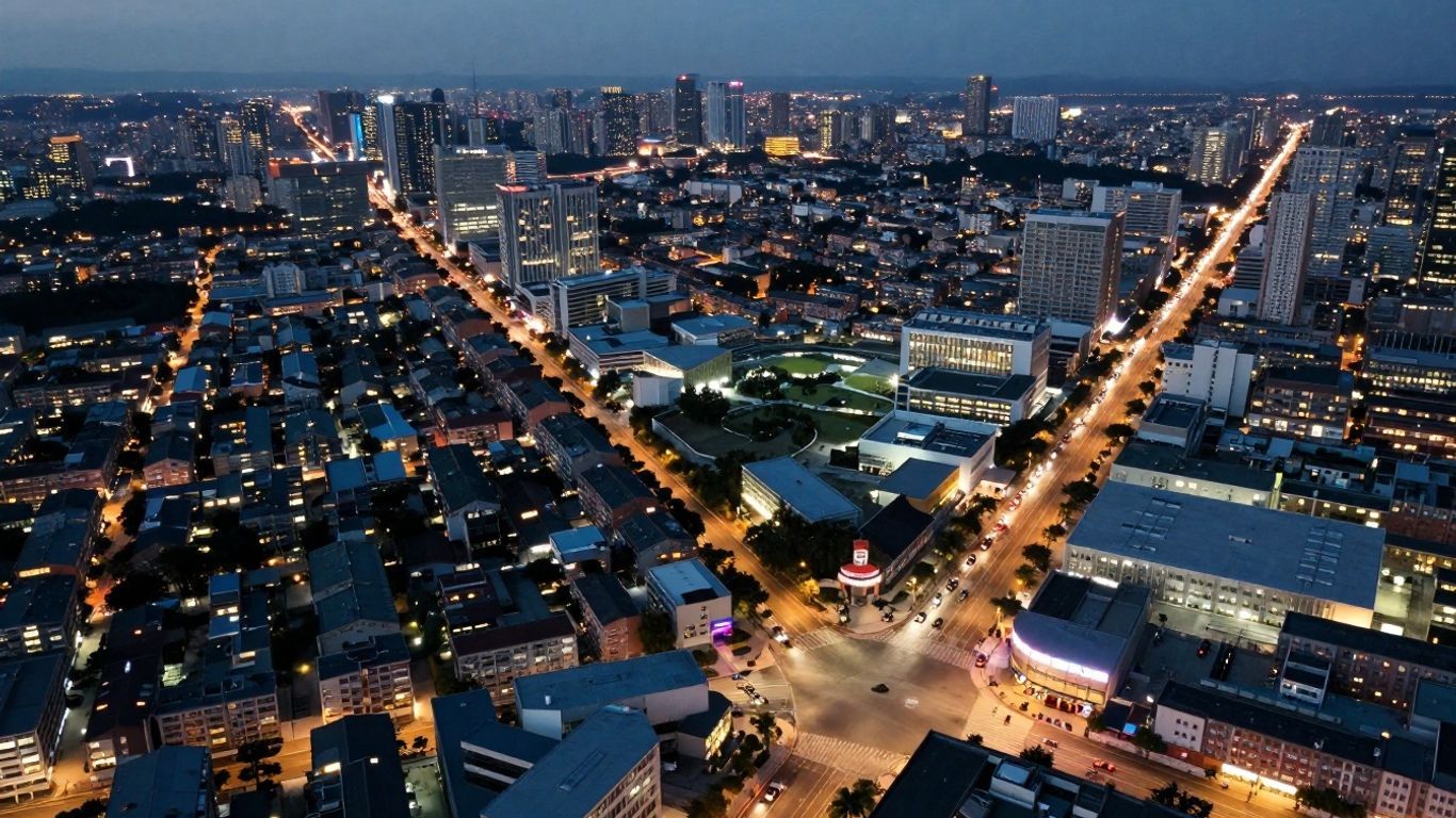 Busy, well-lit city at dusk with services visible.