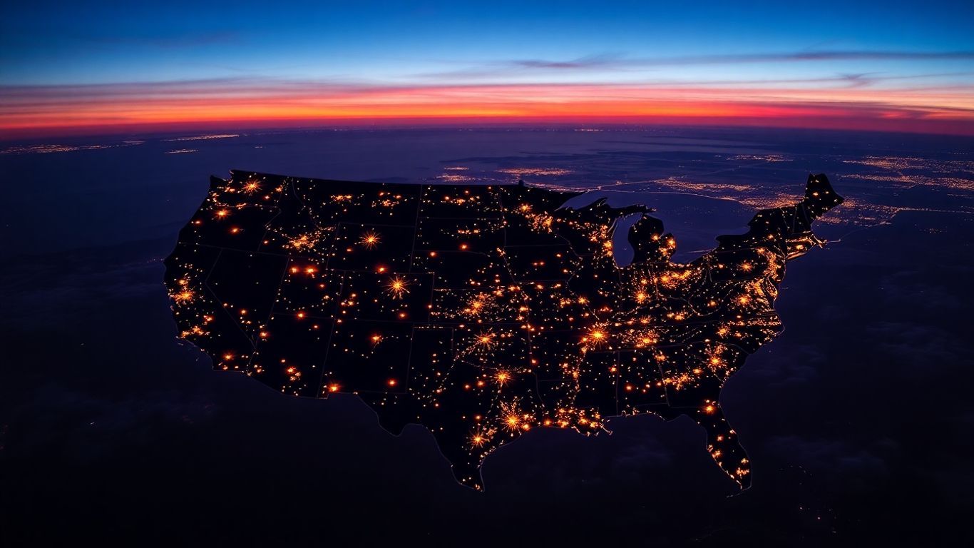 Urban US cities glowing at night from aerial view