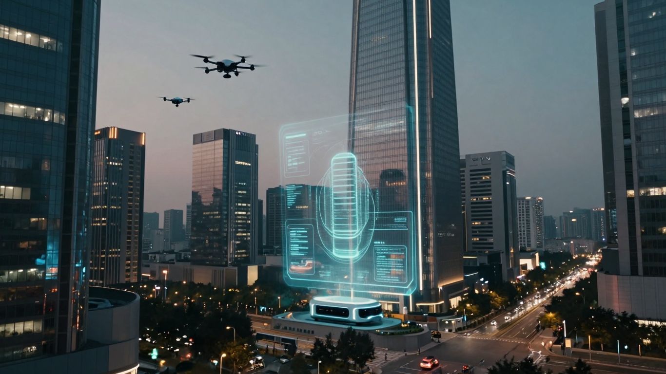 Futuristic cityscape with glowing interfaces and drones.