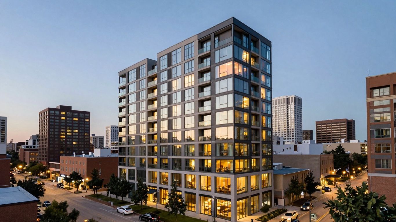 Modern Houston apartment building at dusk.