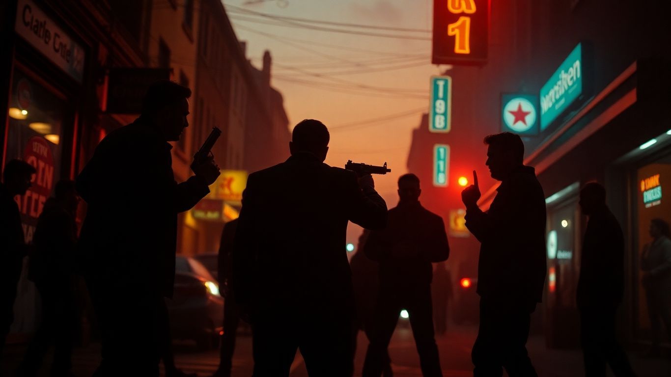 Urban street fight scene with shadowy figures and neon lights.