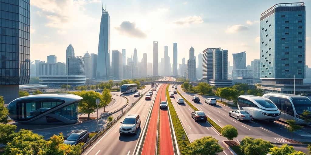 Futuristic city with advanced vehicles and smart infrastructure.