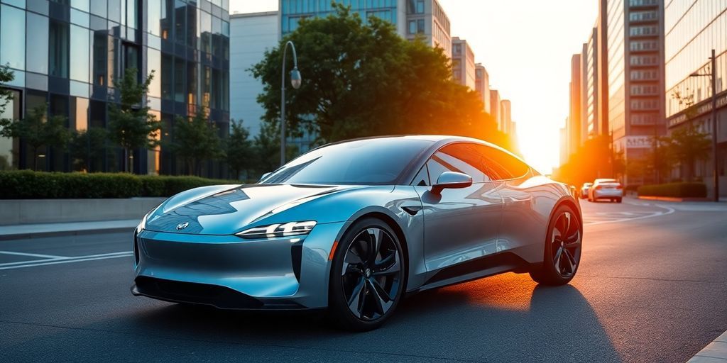Futuristic electric car in a modern urban setting.