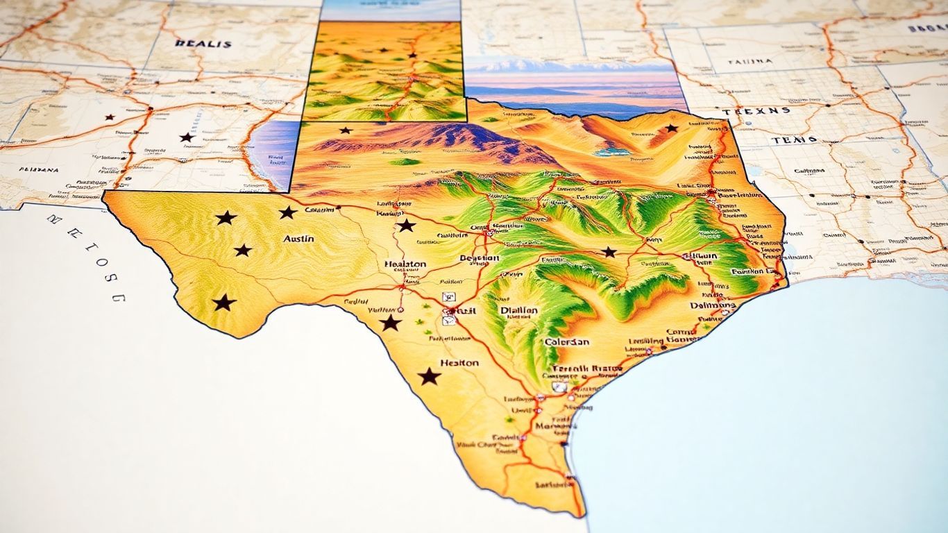 Texas map with major cities and geographical features.