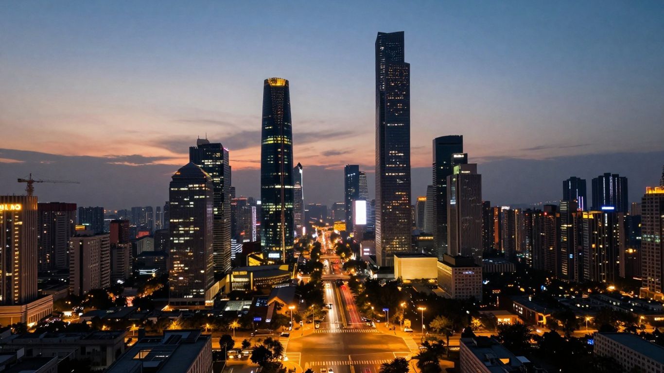 Smart city skyline with illuminated buildings and roads.