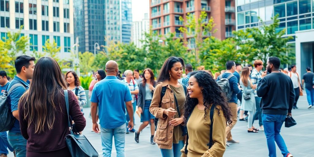 Diverse individuals engaging in a lively urban public space.