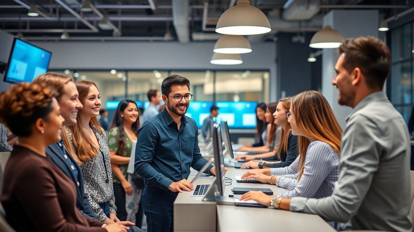 Modern office customer service team helping diverse clients