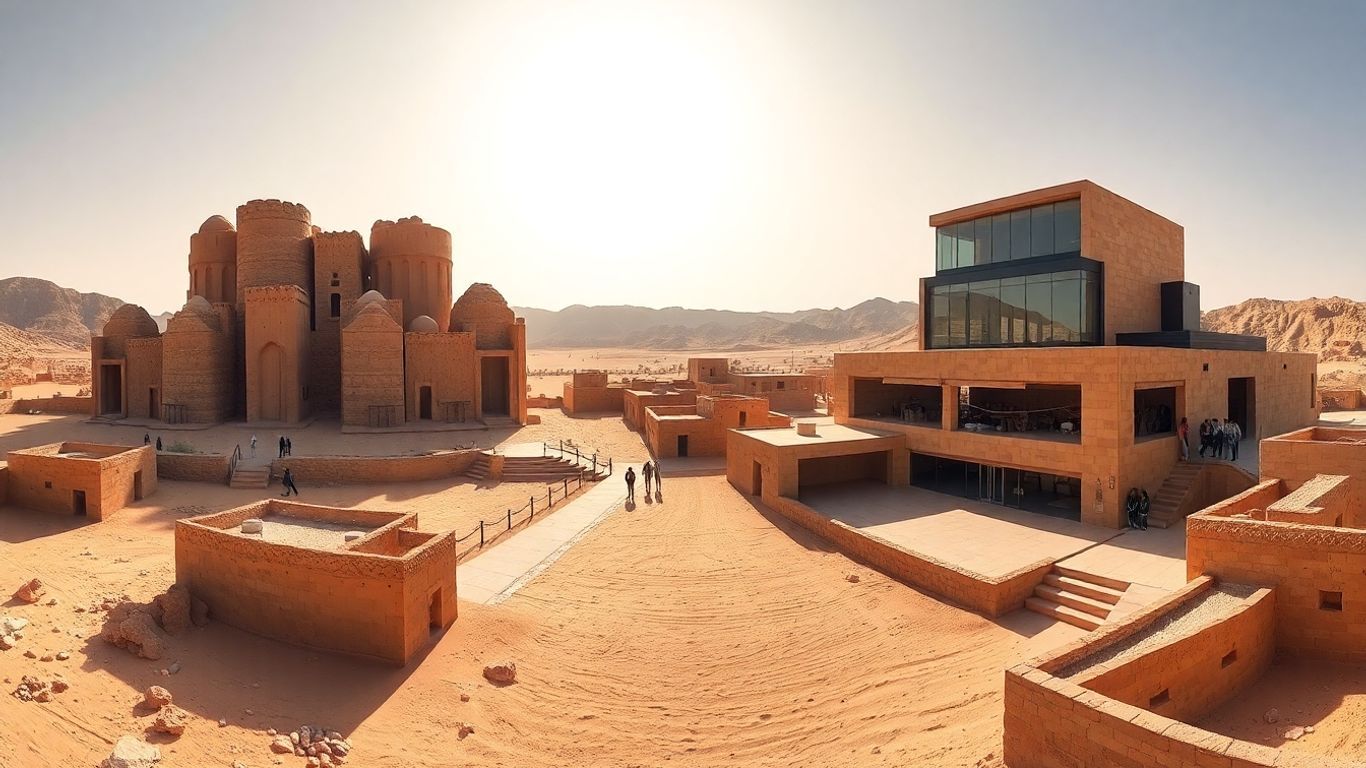AlUla's desert landscape with ancient rock formations and modern architecture.