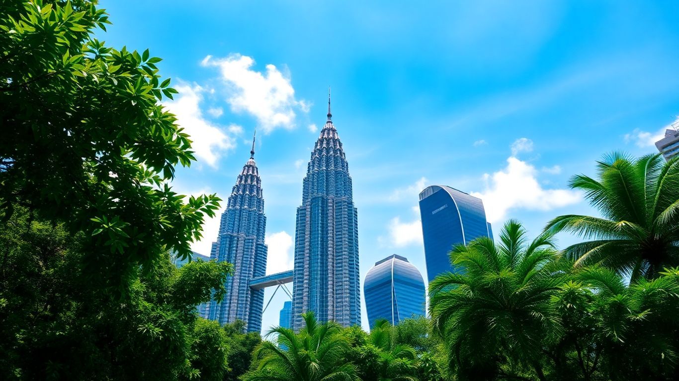 Kuala Lumpur skyline with Petronas Towers under a sunny sky.