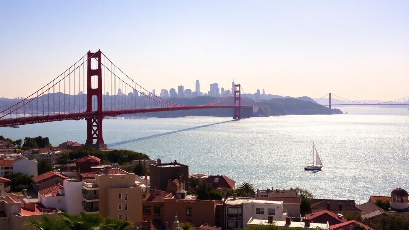 San Francisco skyline with Golden Gate Bridge and city buildings.