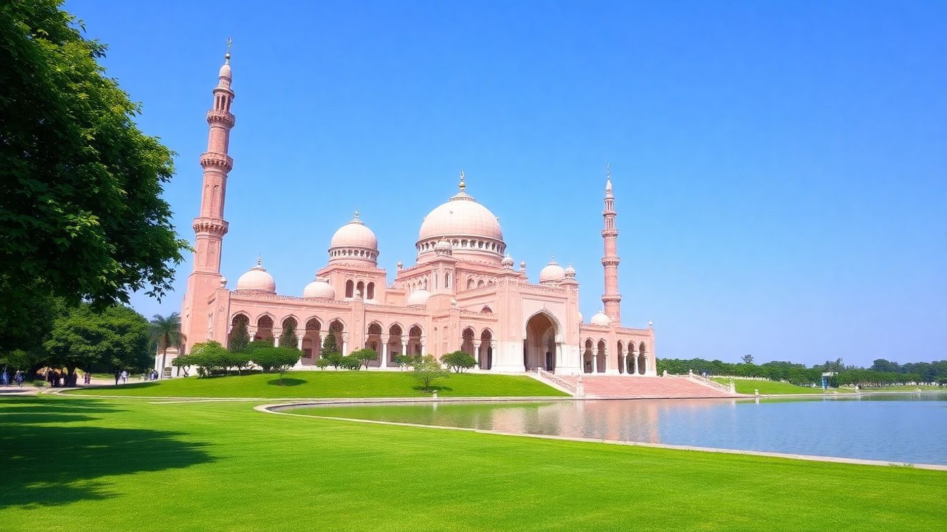 Pink Mosque Putrajaya against blue sky and water reflection.
