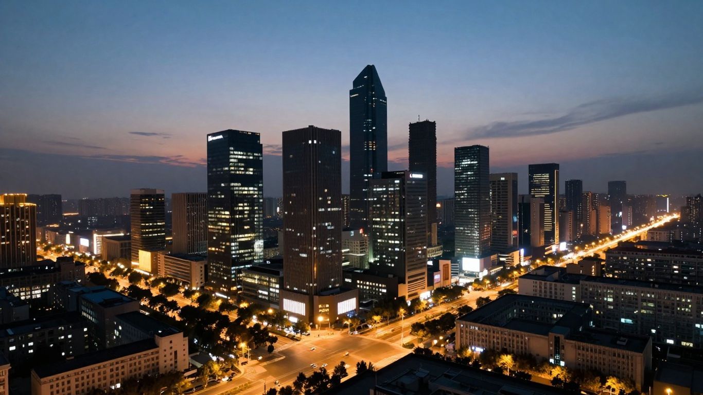 Modern cityscape with glowing lights and futuristic architecture.