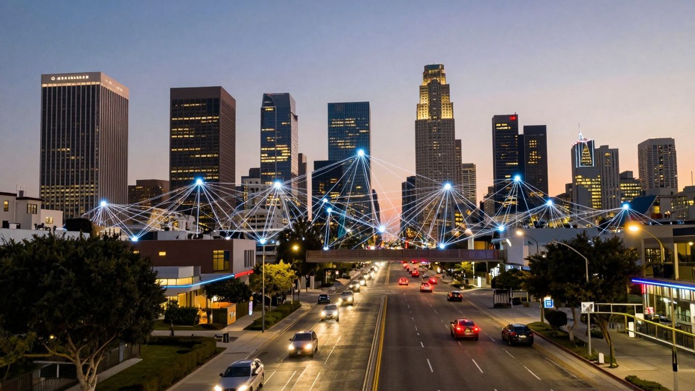 Los Angeles skyline with digital connections and futuristic transport.
