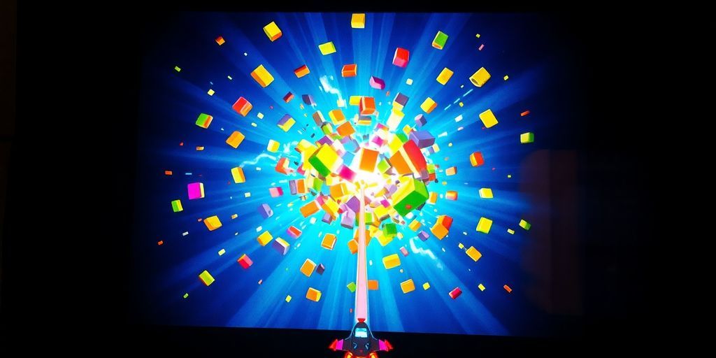 Brightly coloured blocks shattering on a screen.
